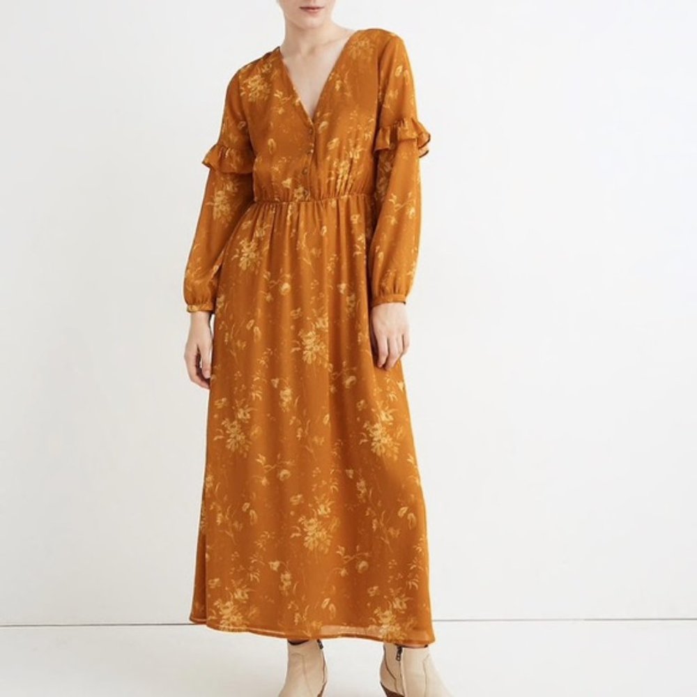 Madewell Ruffle-Sleeve Button-Front Dress in Tonal Botanica